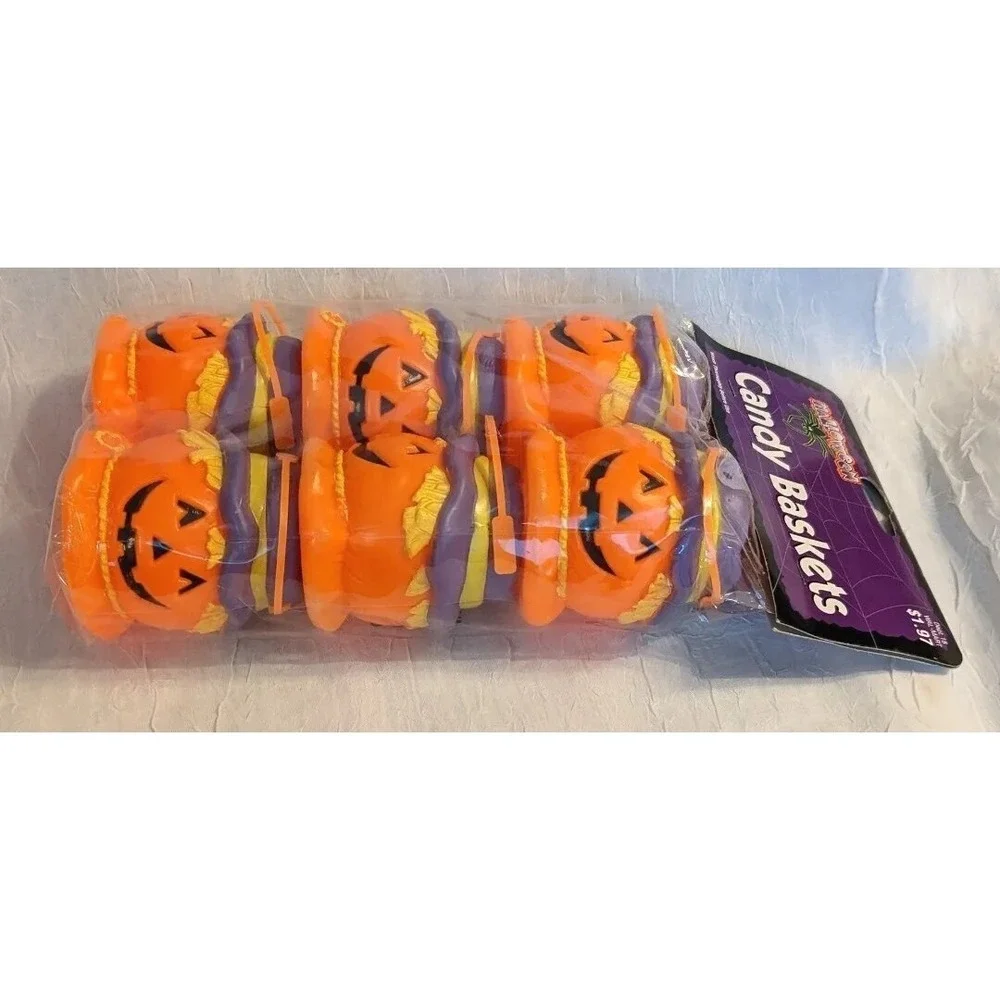 Blow Mold Halloween Pumpkin Mini Buckets Baskets Candy Scarecrow Decor Vtg NOS